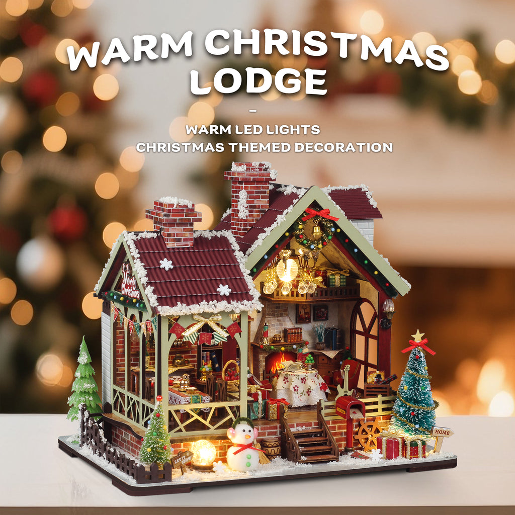 Warm Christmas Lodge - DIY Miniature Dollhouse Kit Musical Box
