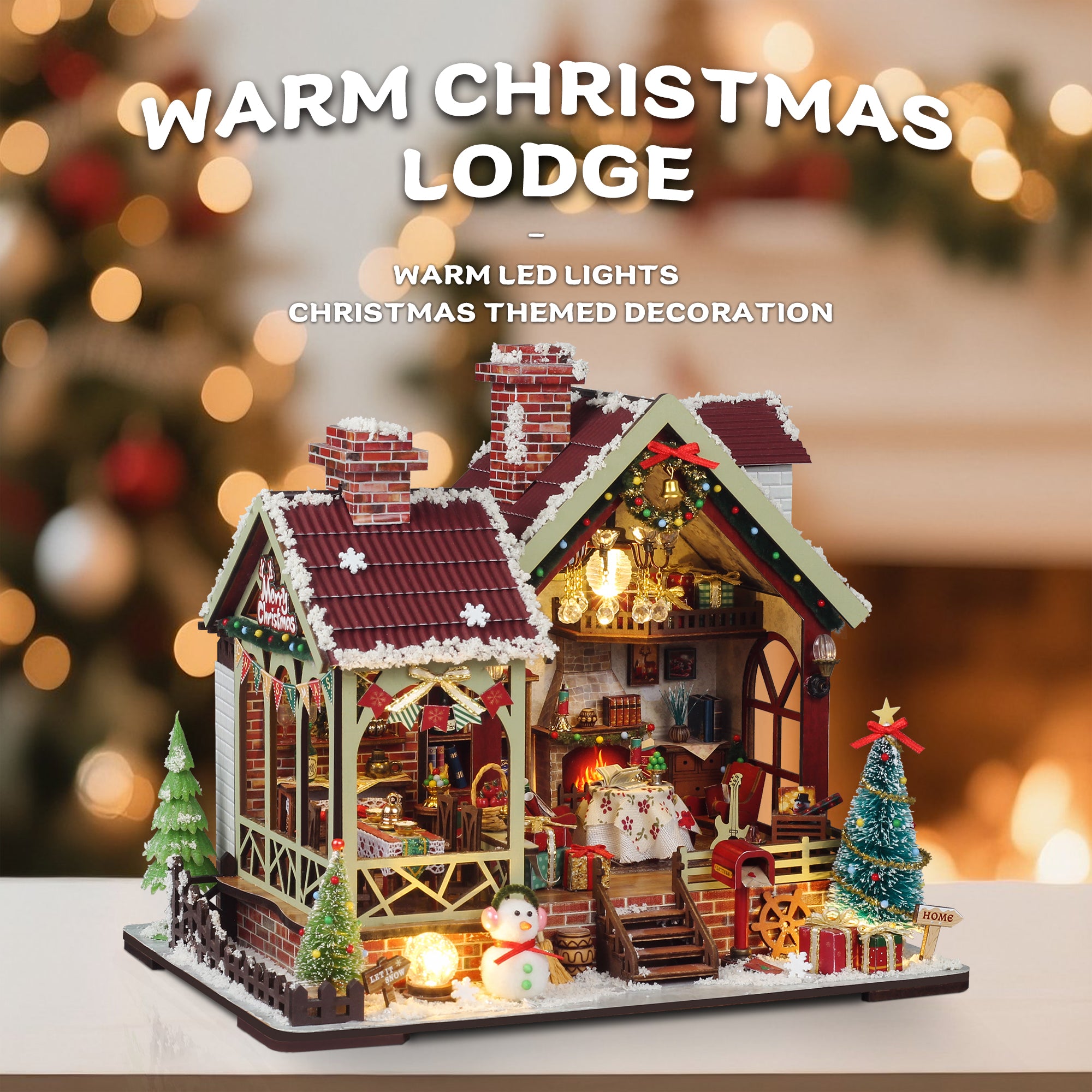 Warm Christmas Lodge - DIY Miniature Dollhouse Kit Musical Box