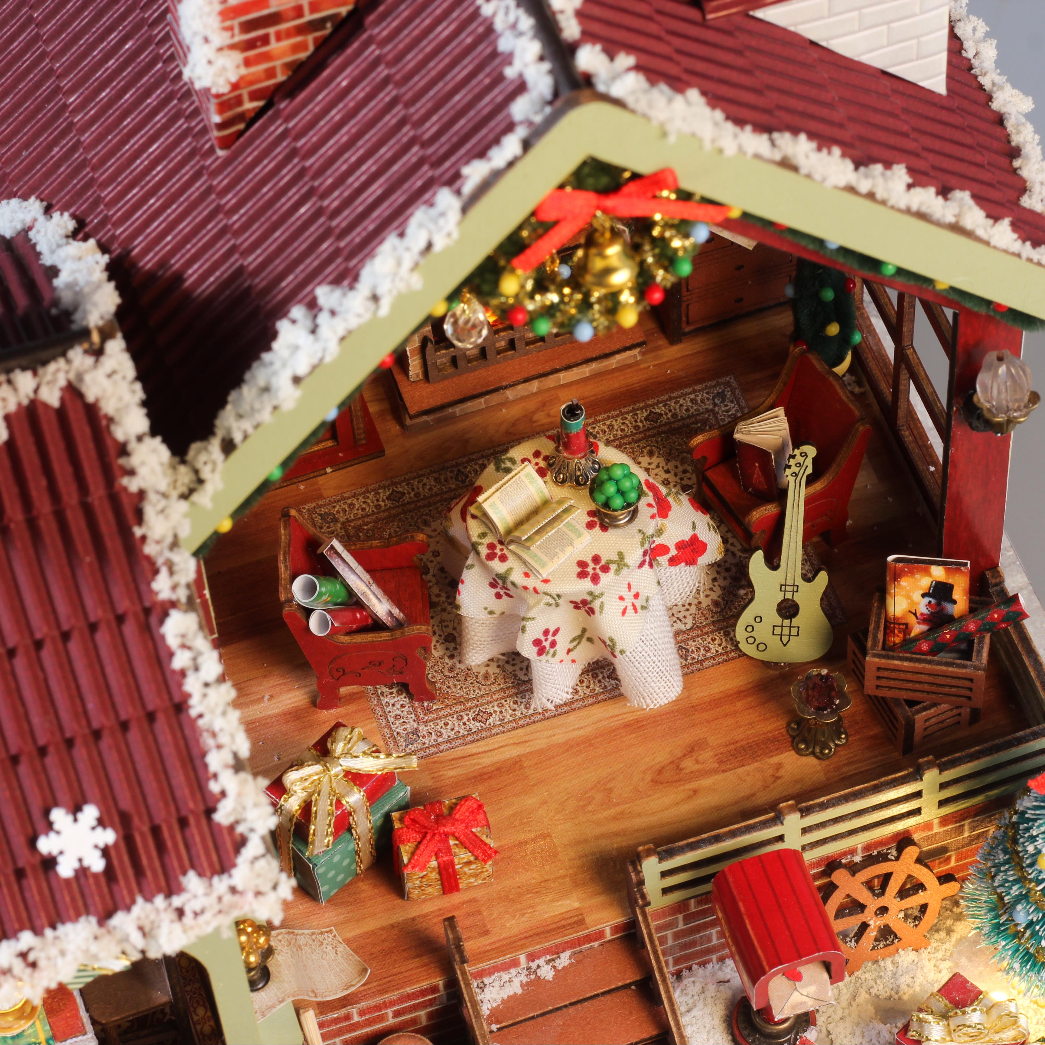 Warm Christmas Lodge - DIY Miniature Dollhouse Kit Musical Box